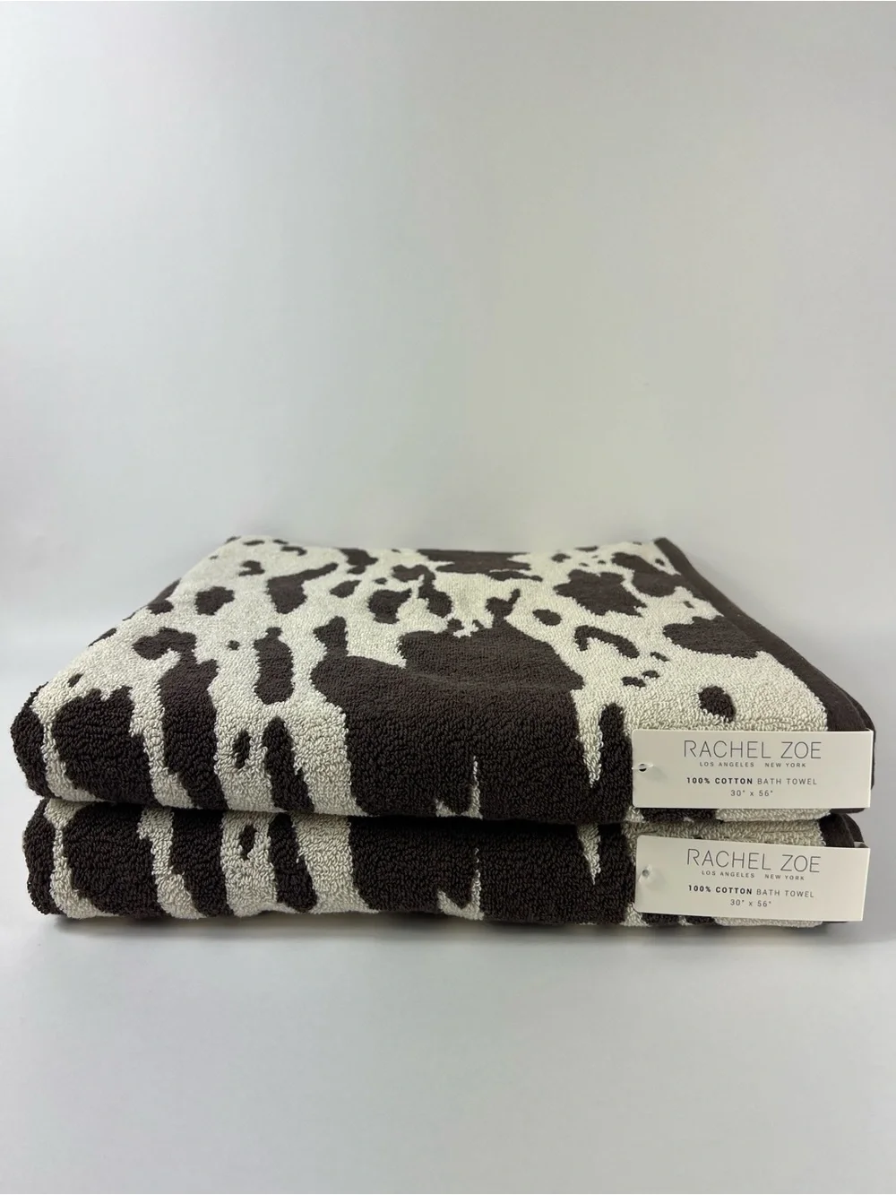 Rachel Zoe Bath Towel Set Brown and Cream Cow-Print Soft Cotton 2 Pc Set NEW